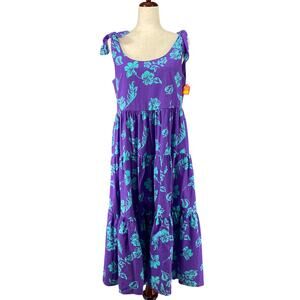 Vtg 80s 90s Two Potato Aloha Floral Midi Tiered Tie Shoulder Sundress M Beachy
